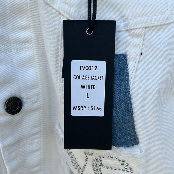 NWT Si Tu Veux White Collage Denim Jacket Sz Large Luxury Denim - Picture 3 of 10